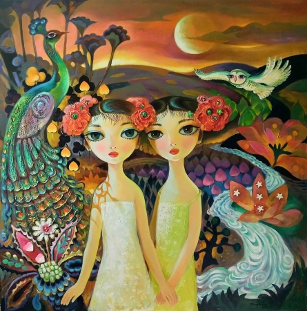Girls, Peacock and Owl by artist Ping Irvin